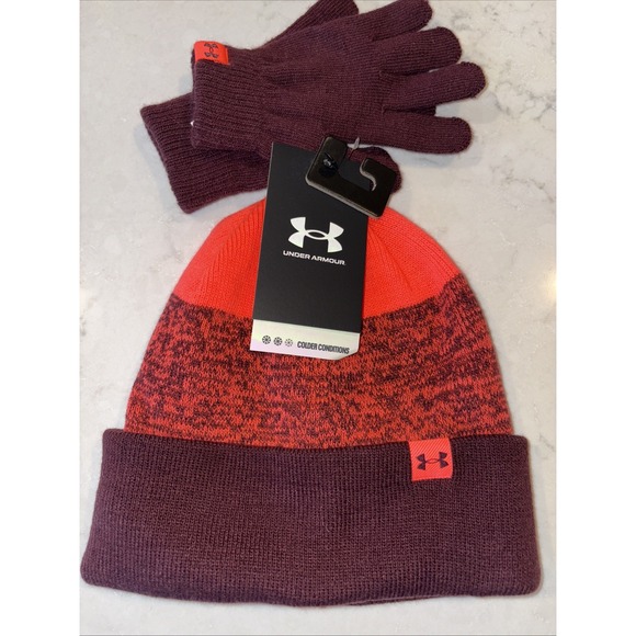 NWT Under Armour Boys Beanie & Gloves Combo Set OSFA Dark Maroon/Beta - Picture 1 of 4